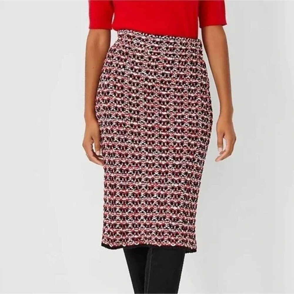 Ann Taylor Red Black White Tweed Sweater Midi Skirt Womens Size XLP NWT